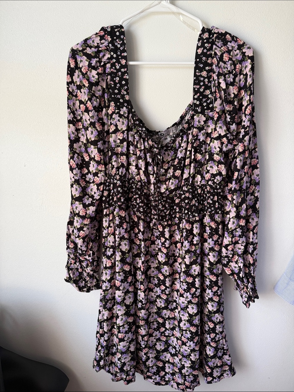 SO Black Floral Long-Sleeve Smocked-Waist Dress with Pink & Lavender Flowers